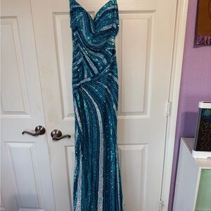 Rachel Allan Teal and Silver Sequin Prom Dress